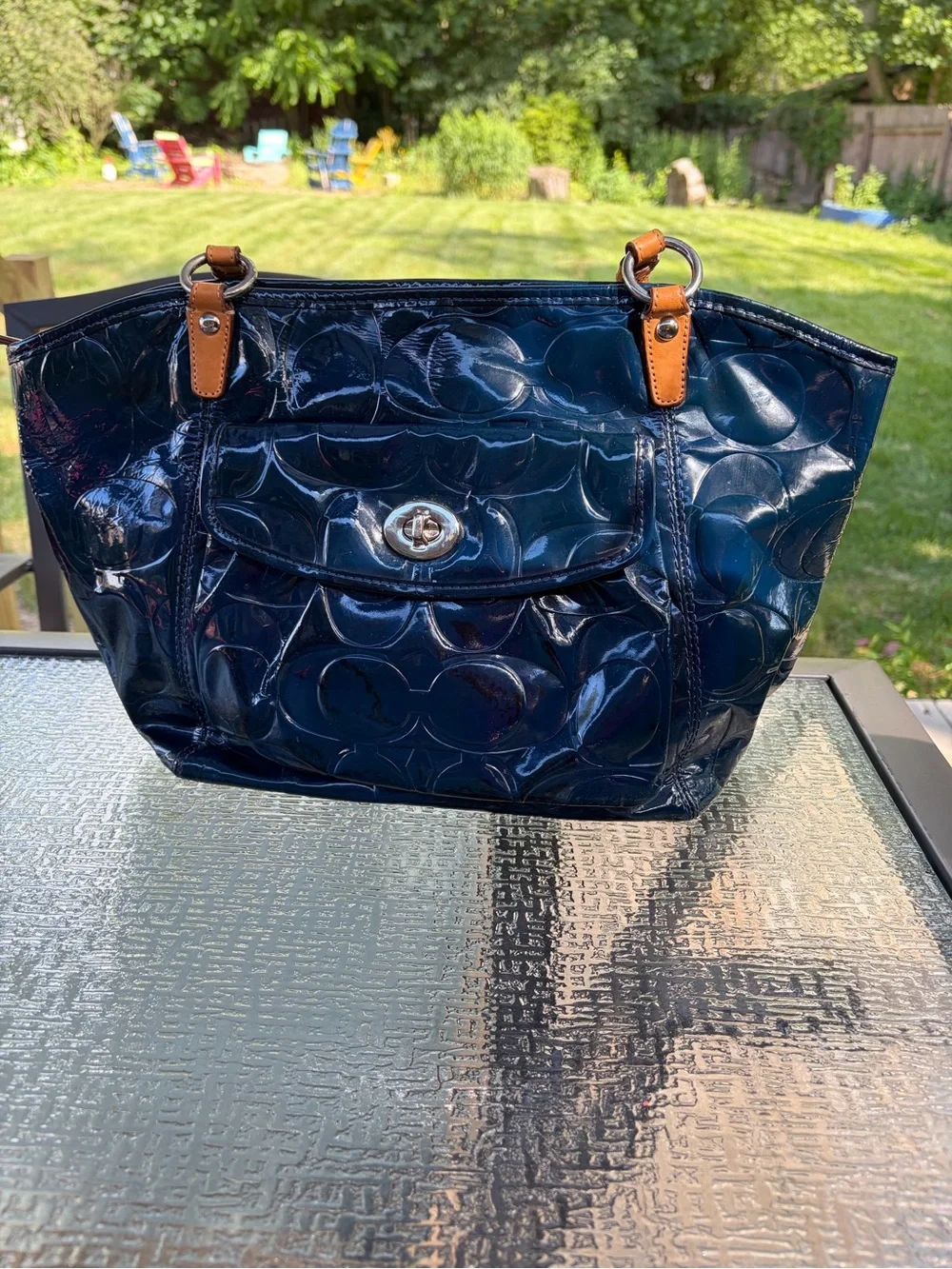 Coach Navy Patent Shoulder Bag with Tan Straps